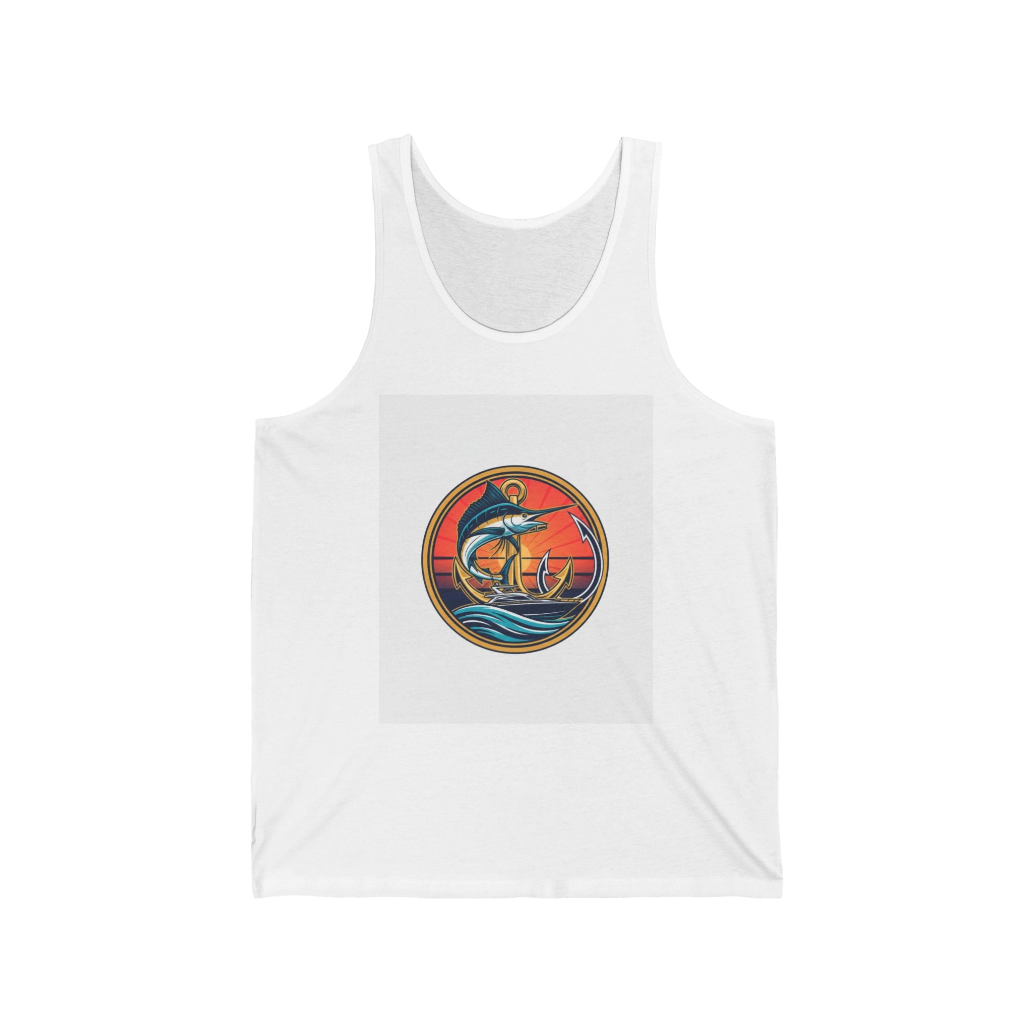Sunset Sailboat Tank Top — Retro Nautical Whale & Sea Graphic